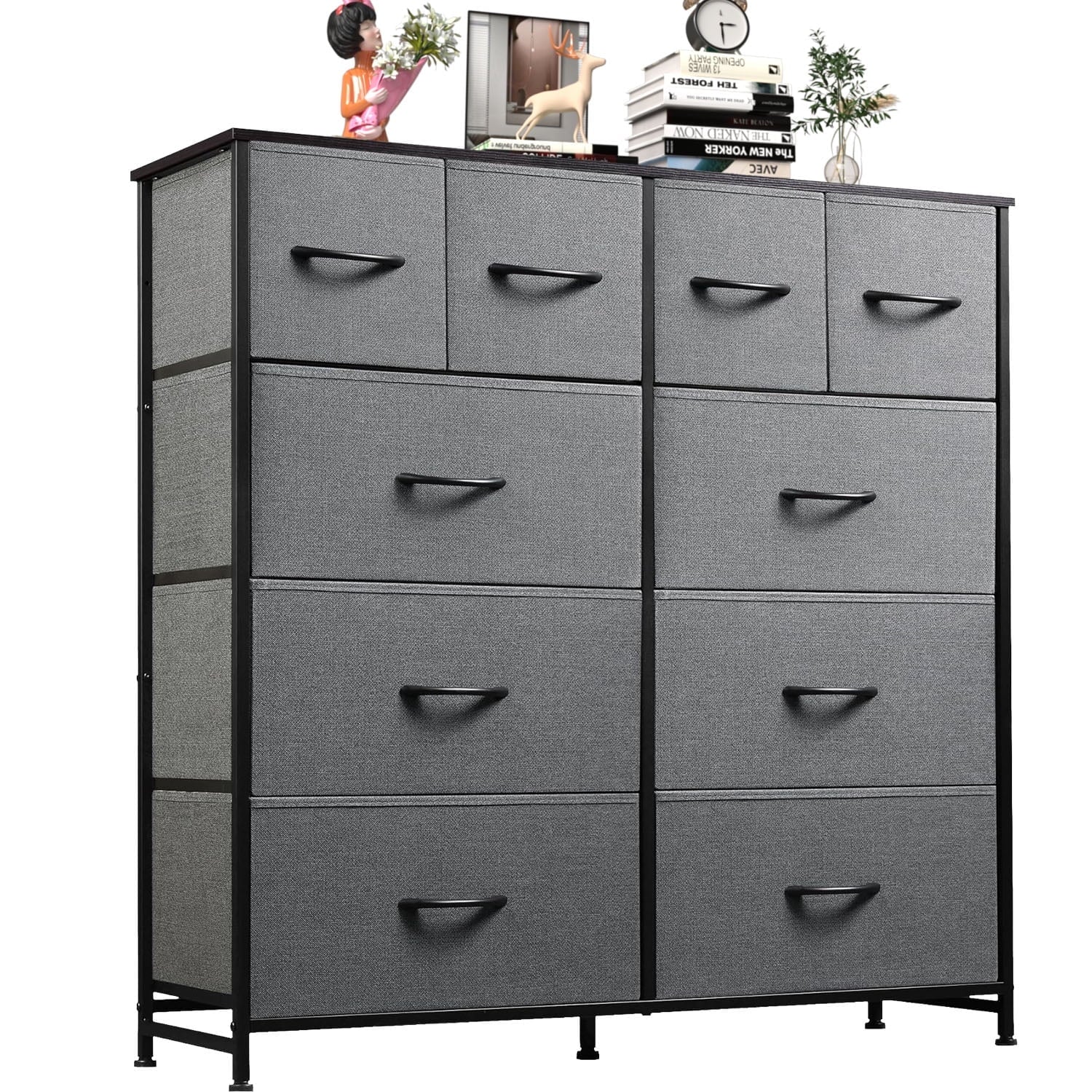 10 Drawers Dresser, Fabric Closet Chests Storage Organizer Tower with Wooden Top Metal Frame for Bedroom Living Room Hallway Entryway, Black