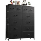 12 Drawers Dresser, Fabric Closet Chests Storage Organizer Tower with Wooden Top Metal Frame for Bedroom Living Room Hallway Entryway, Black