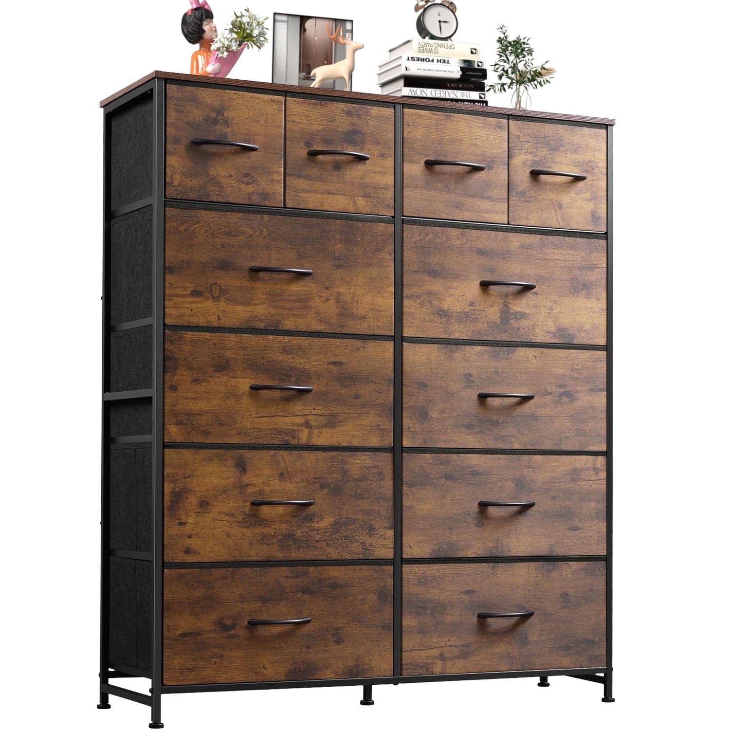 12 Drawers Dresser, Fabric Closet Chests Storage Organizer Tower with Wooden Top Metal Frame for Bedroom Living Room Hallway Entryway, Black