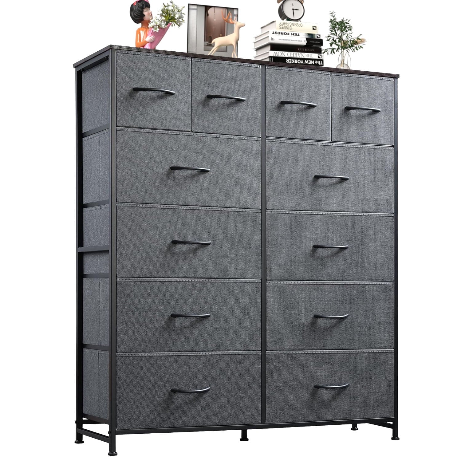 12 Drawers Dresser, Fabric Closet Chests Storage Organizer Tower with Wooden Top Metal Frame for Bedroom Living Room Hallway Entryway, Black