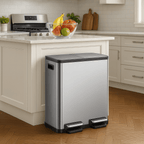 16 Gallon (30L x 2) Dual Compartment Step Trash Can, with Slow-Close Lids, Plastic Inner Buckets, Hands-Free, Easy to Clean, Stainless Steel for Kitchen, Bedroom, Living Room