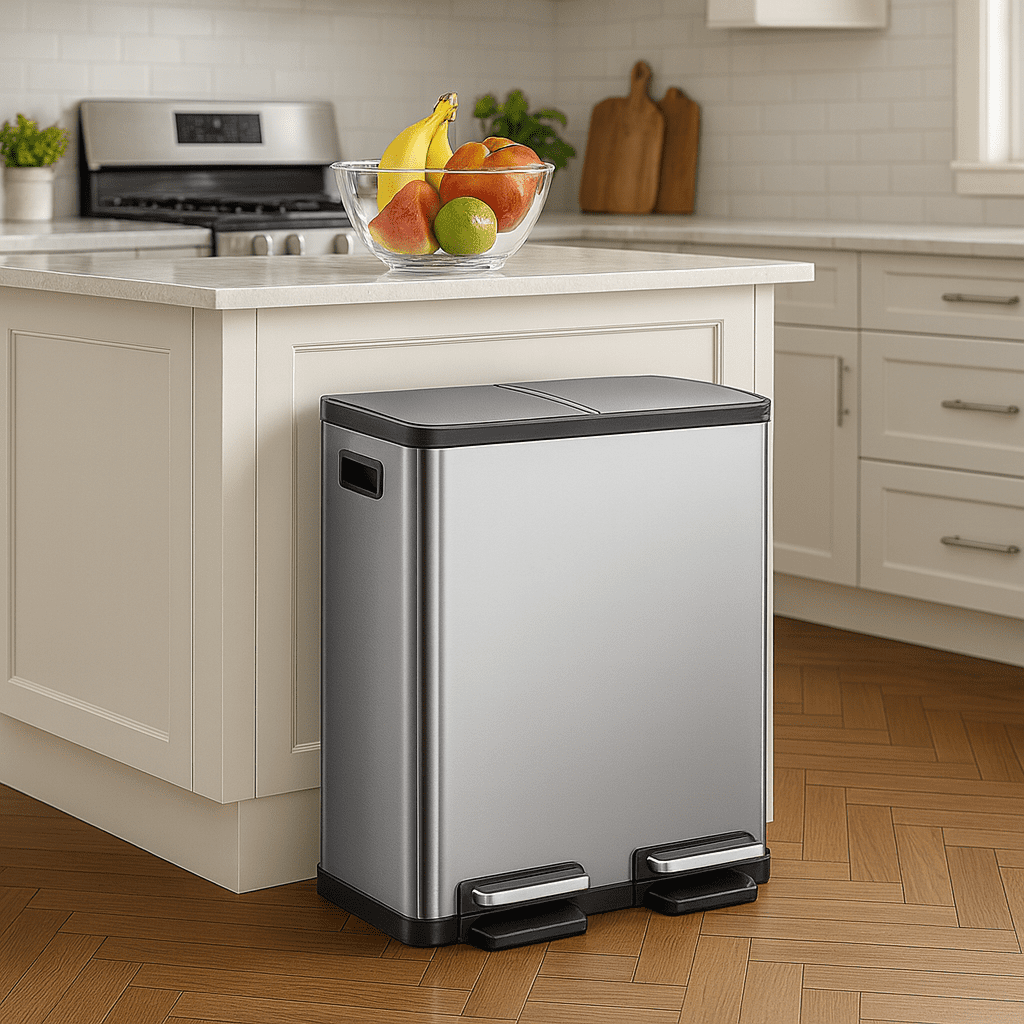16 Gallon (30L x 2) Dual Compartment Step Trash Can, with Slow-Close Lids, Plastic Inner Buckets, Hands-Free, Easy to Clean, Stainless Steel for Kitchen, Bedroom, Living Room