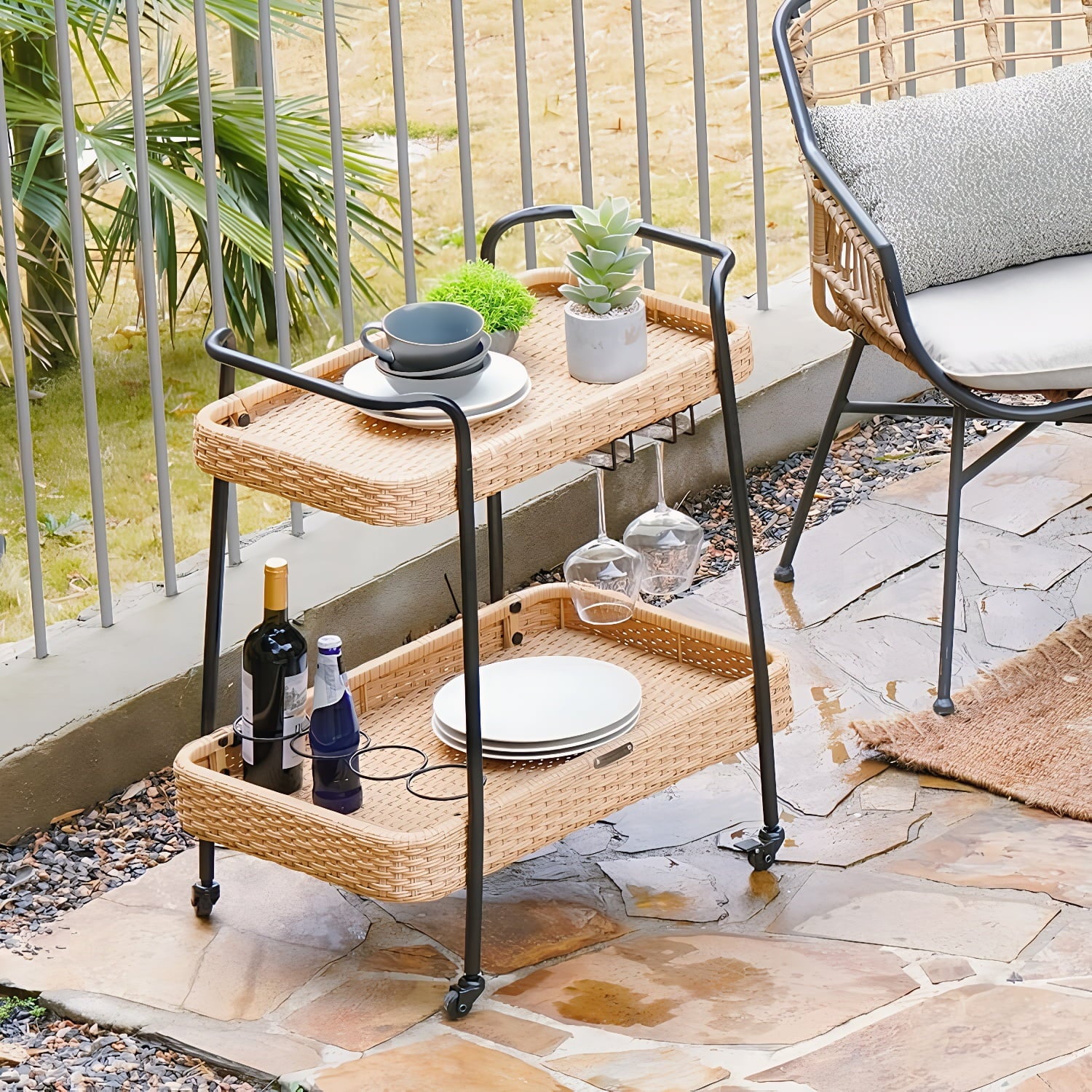 2-Tier Rolling Bar Cart with Wheels, Outdoor Indoor Rattan Beverage Serving Cart with Stemware Rack, Mobile Kitchen Utility Cart for Patio Garden Deck Party, Natural Color