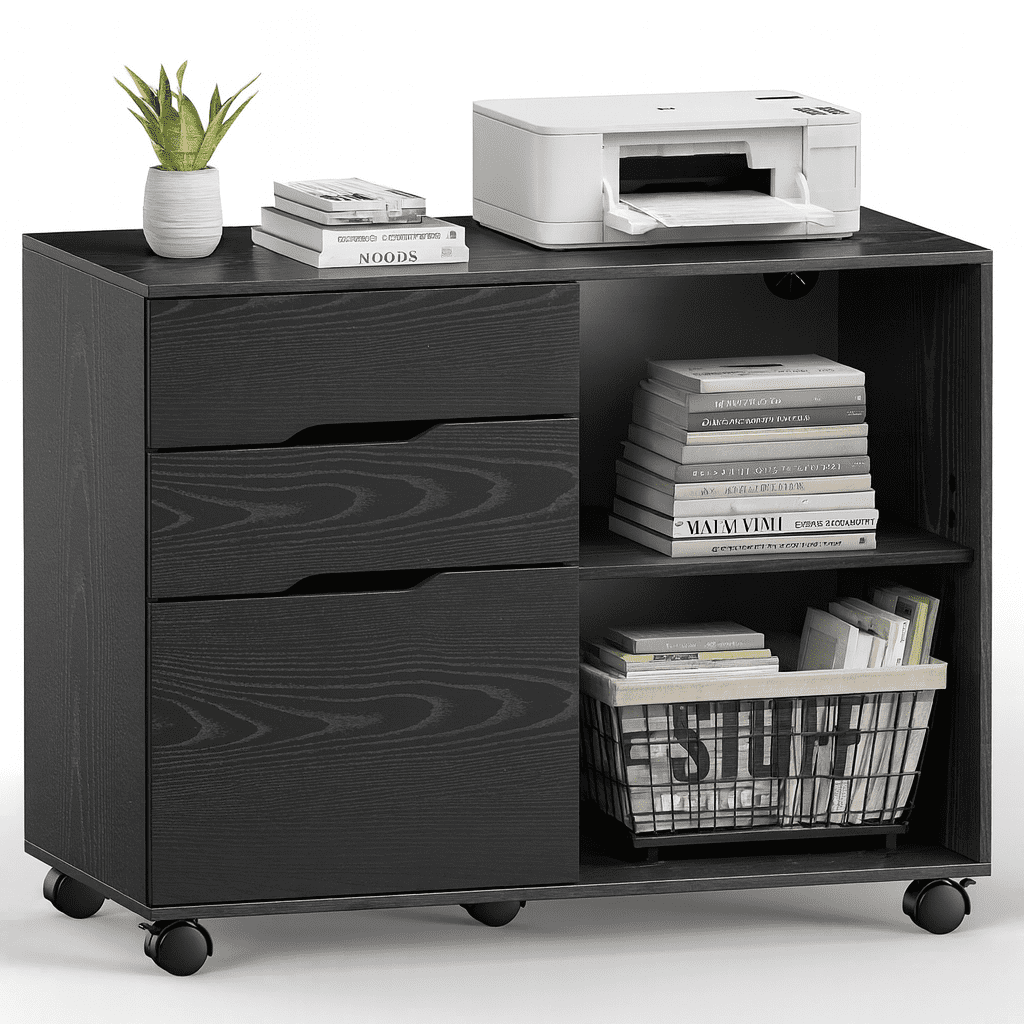 3-Drawer Lateral File Cabinet with Wheels, Mobile Rolling File Cabinet with Adjustable Shelf, Printer Stand for Home Office, Under Desk Storage Organizer, Wood Filing Cabinet Black
