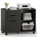 3-Drawer Lateral File Cabinet with Wheels, Mobile Rolling File Cabinet with Adjustable Shelf, Printer Stand for Home Office, Under Desk Storage Organizer, Wood Filing Cabinet Black