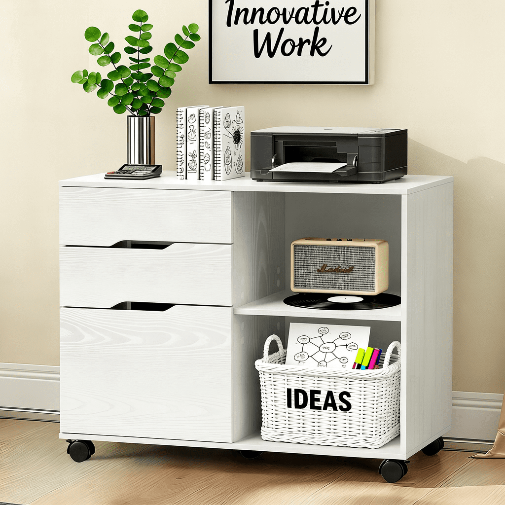 3-Drawer Lateral File Cabinet with Wheels, Mobile Rolling File Cabinet with Adjustable Shelf, Printer Stand for Home Office, Under Desk Storage Organizer, Wood Filing Cabinet Black