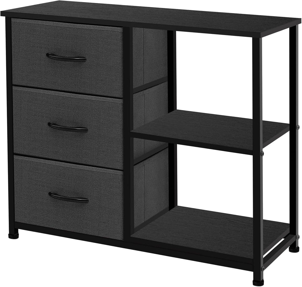 3 Drawer Nightstand for Bedroom,Fabric Dresser with Wood Top and Shelves, Chest of Drawer Organizer Storage Cabinet, Bedside Table, Grey