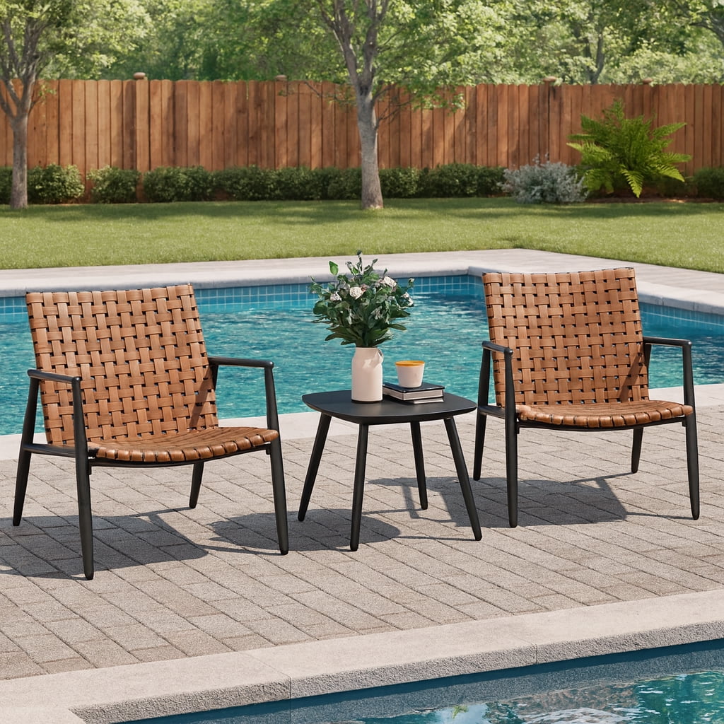 Set of 2 Wicker Outdoor Chairs, Brown Leather-Look Patio Dining Chair Set, Deep-Seated Bistro Chairs for Garden, Deck, Backyard, Balcony