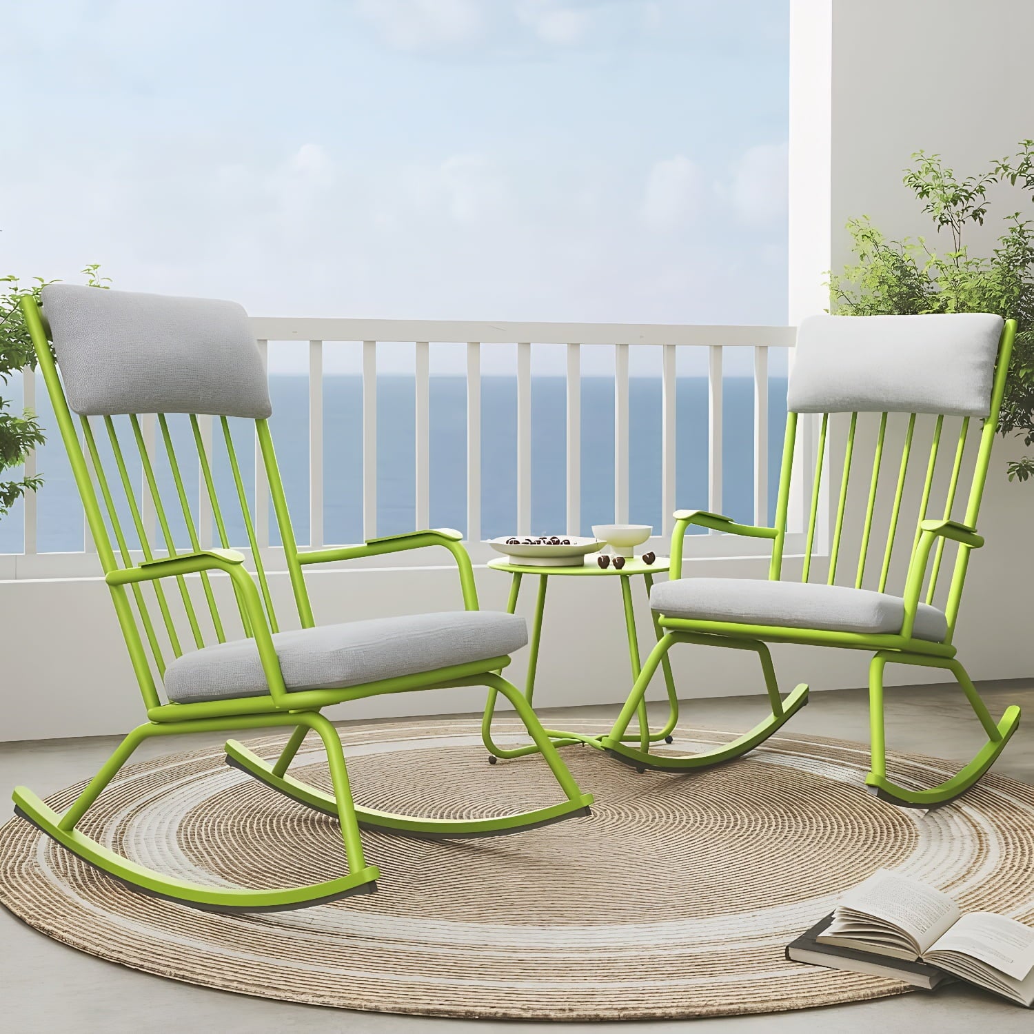 3-PieceOutdoor Rocking Chairs Set for 2 with Thick Cushions and 18-inch Small Round Table, Steel Patio Conversation Set for Backyard, Porch, Deck - Easy Assembly Lime Green
