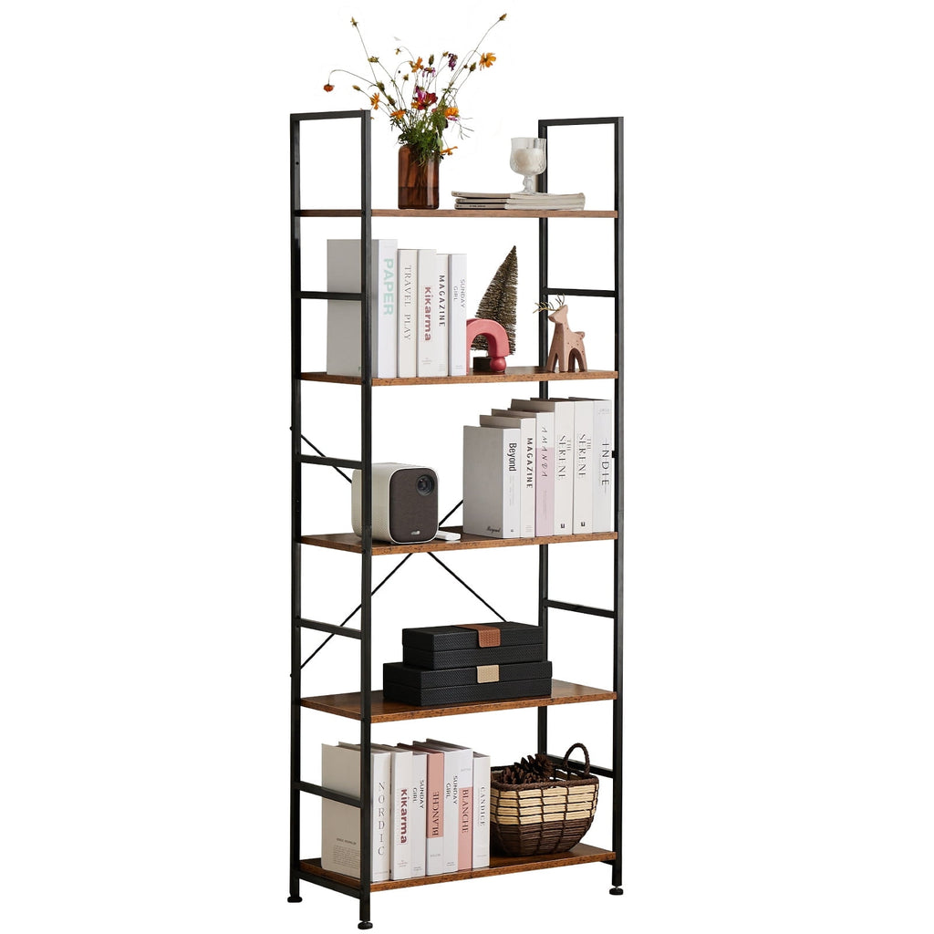 5 Tier BookShelf, Free Standing Storage Shelving Unit for Living Room/Bathroom/Office/Garage, Adjustable, Easy Assembly, Rustic Brown