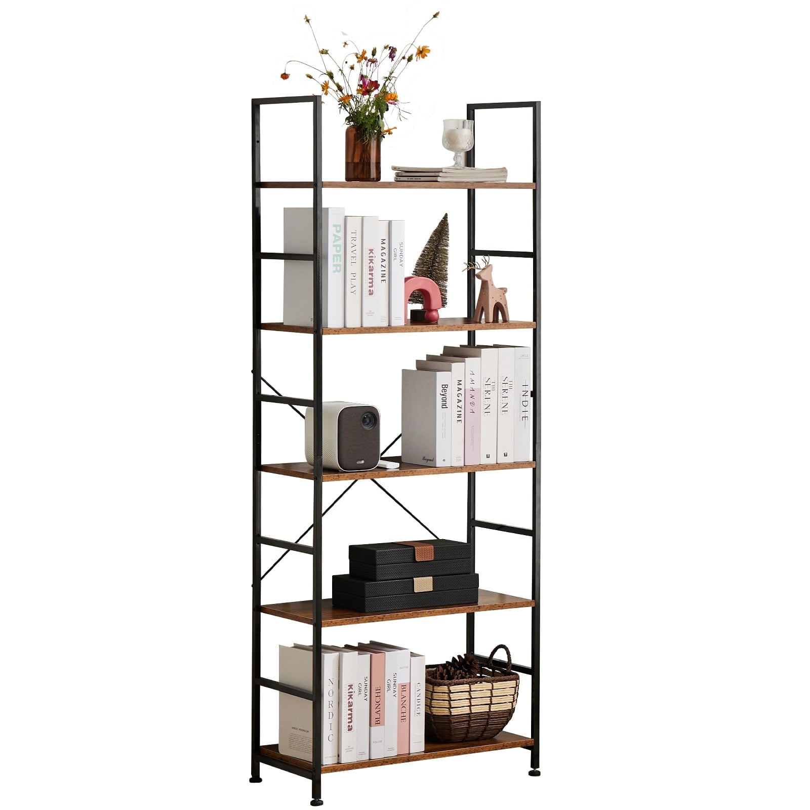 5 Tier BookShelf, Free Standing Storage Shelving Unit for Living Room/Bathroom/Office/Garage, Adjustable, Easy Assembly, Rustic Brown