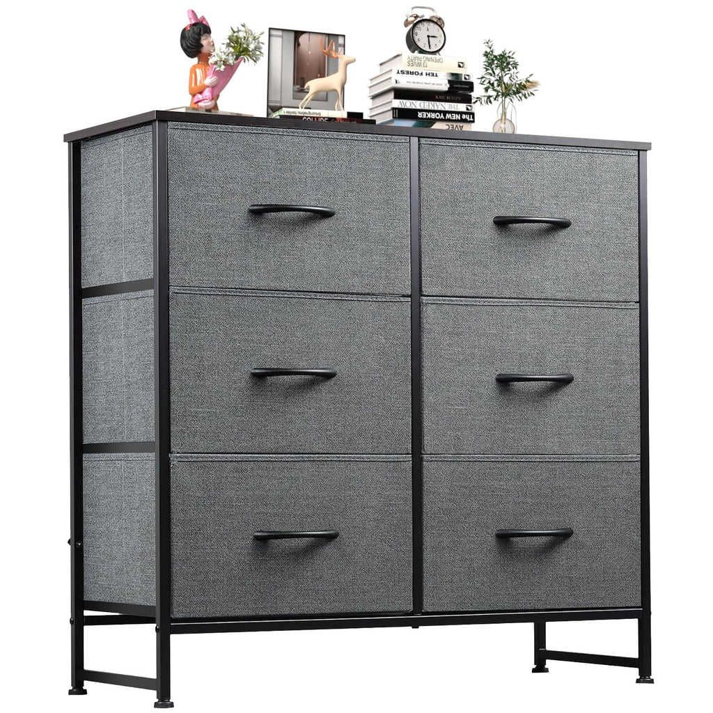 6 Drawers Dresser, Fabric Storage Closet Chests Organizer Tower with Wooden Top Metal Frame for Bedroom Living Room Hallway Entryway, Grey
