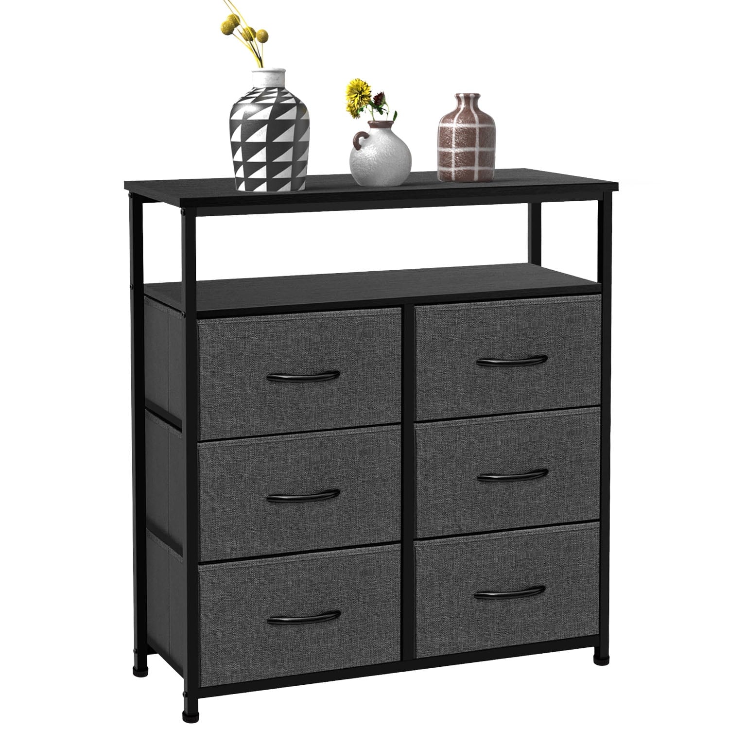 6 Drawers Dresser, Fabric Storage Closet Chests Organizer Tower with Wooden Top Metal Frame for Bedroom Living Room Hallway Entryway, Grey