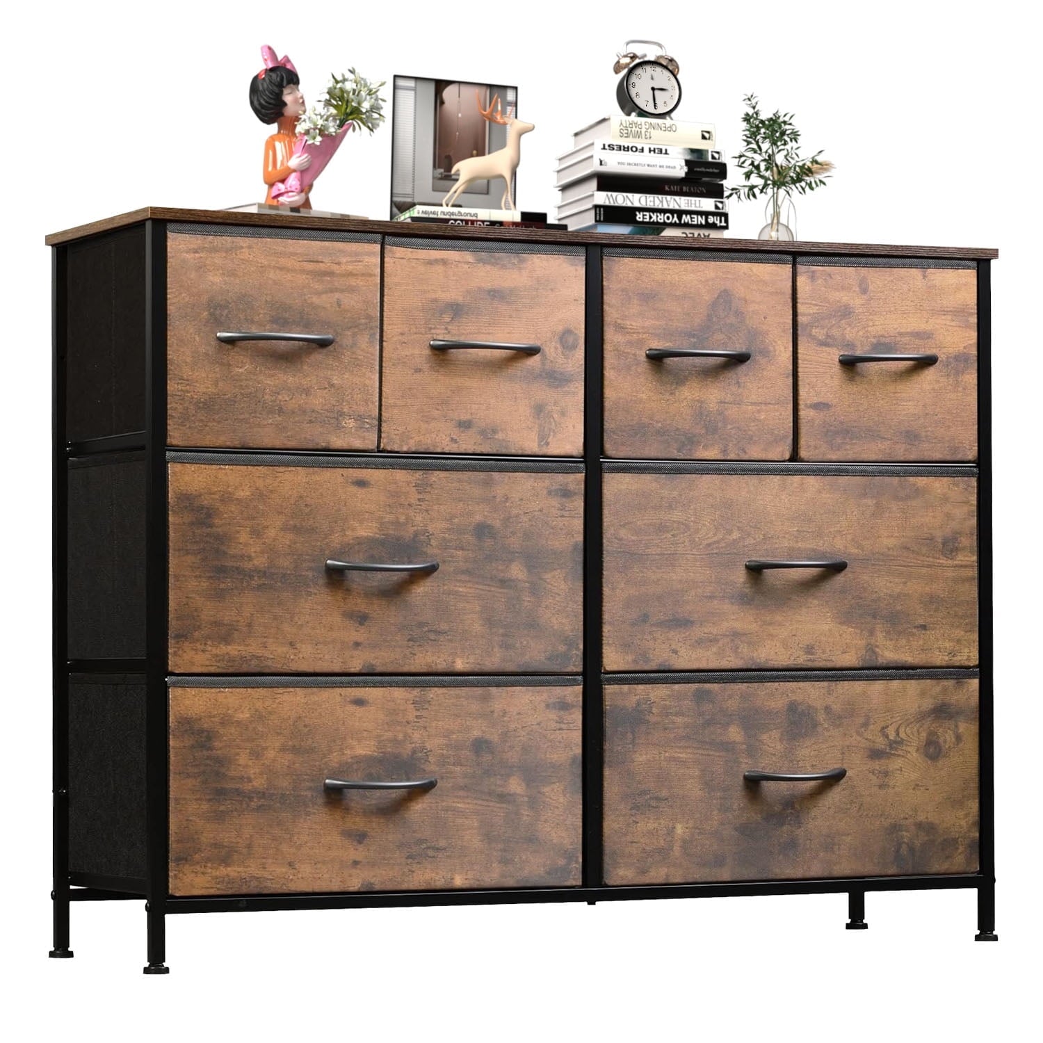 8 Drawers Dresser, Fabric Closet Chests Storage Organizer Tower with Wooden Top Metal Frame for Bedroom Living Room Hallway Entryway, Grey