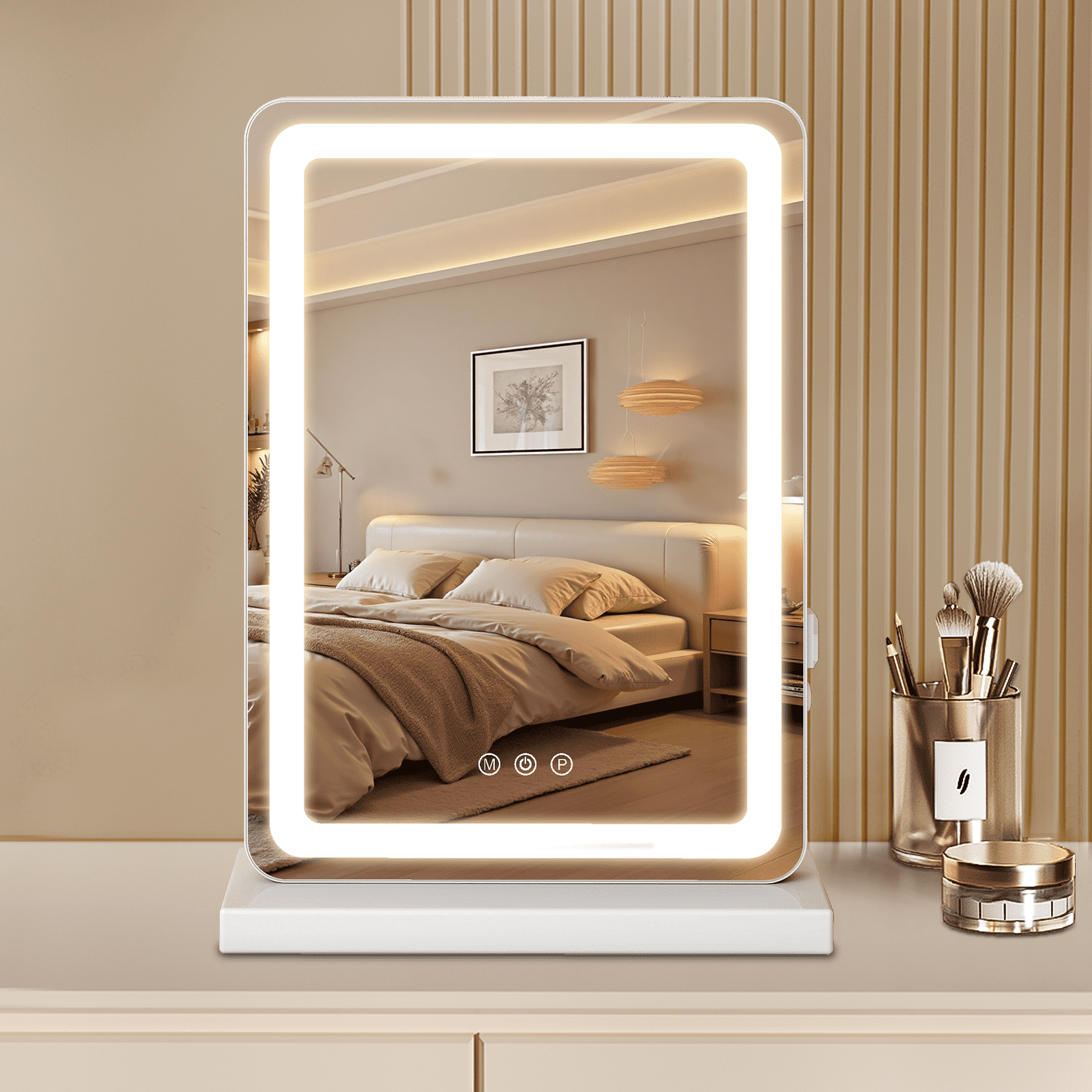 Lighted Makeup Mirror, 19"*22" Vanity Mirror with LED, 3 Lighting Modes, Dimmable Touch Control, USB Charging Port for Desk, Dorm, Bedroom