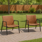 Set of 2 Wicker Outdoor Chairs, Brown Leather-Look Patio Dining Chair Set, Deep-Seated Bistro Chairs for Garden, Deck, Backyard, Balcony