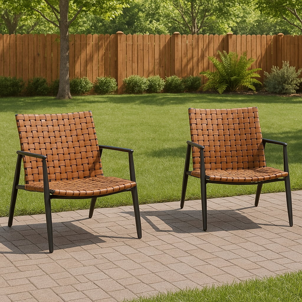 Set of 2 Wicker Outdoor Chairs, Brown Leather-Look Patio Dining Chair Set, Deep-Seated Bistro Chairs for Garden, Deck, Backyard, Balcony