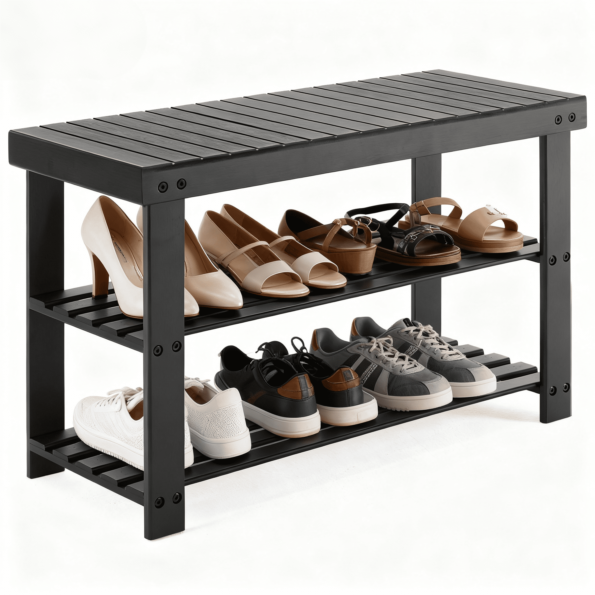 Shoe Rack Bench, 3-Tier Bamboo Shoe Storage Organizer, Entryway Bench, Holds Up to 300 lb, 27.6*11.2*17.9 Inches, for Entryway Bathroom Bedroom-Brown