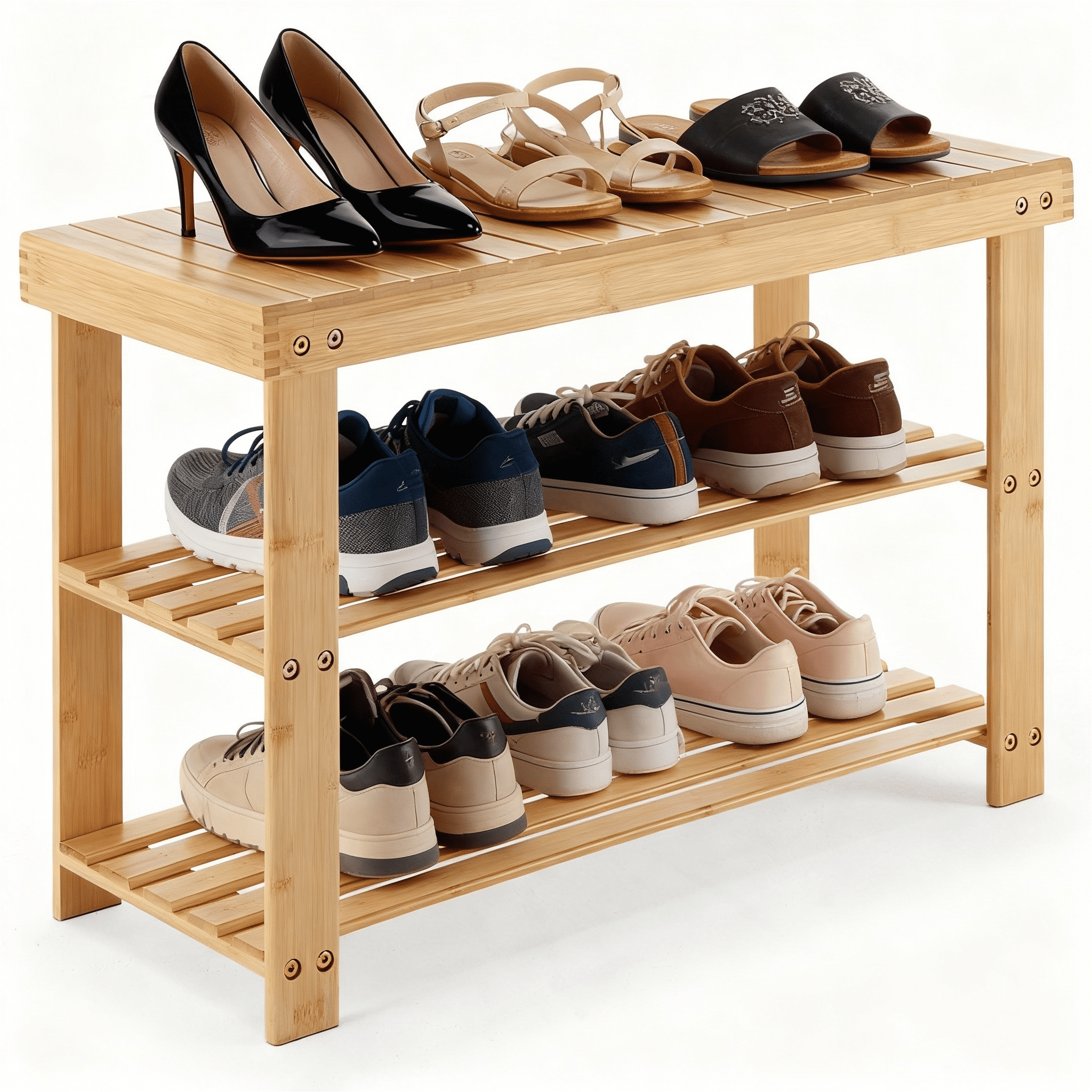 Shoe Rack Bench, 3-Tier Bamboo Shoe Storage Organizer, Entryway Bench, Holds Up to 300 lb, 27.6*11.2*17.9 Inches, for Entryway Bathroom Bedroom-Brown