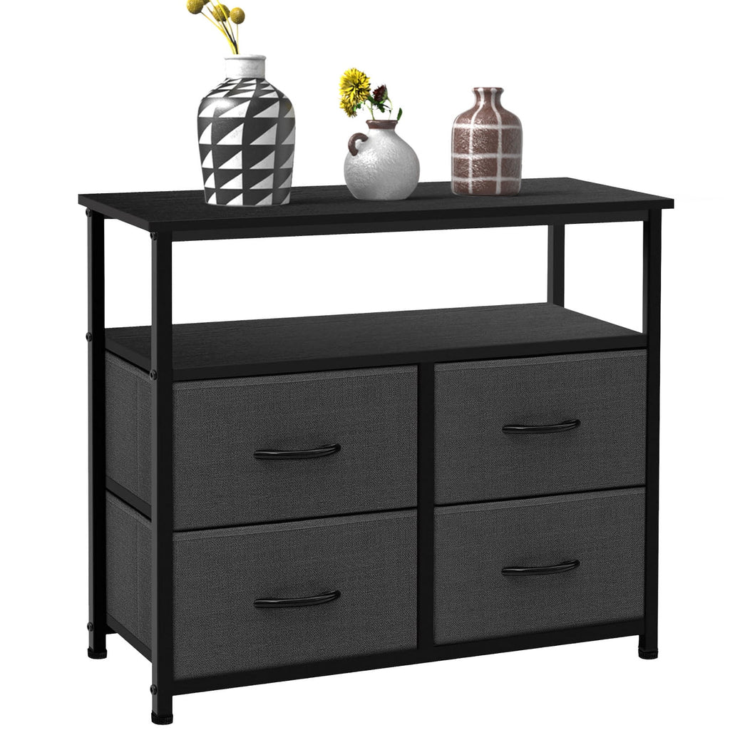 TV Stand Dresser with 4 Storage Drawers, Entertainment Center Dresser with Open Storage Shelf for Bedroom Living Room, Grey