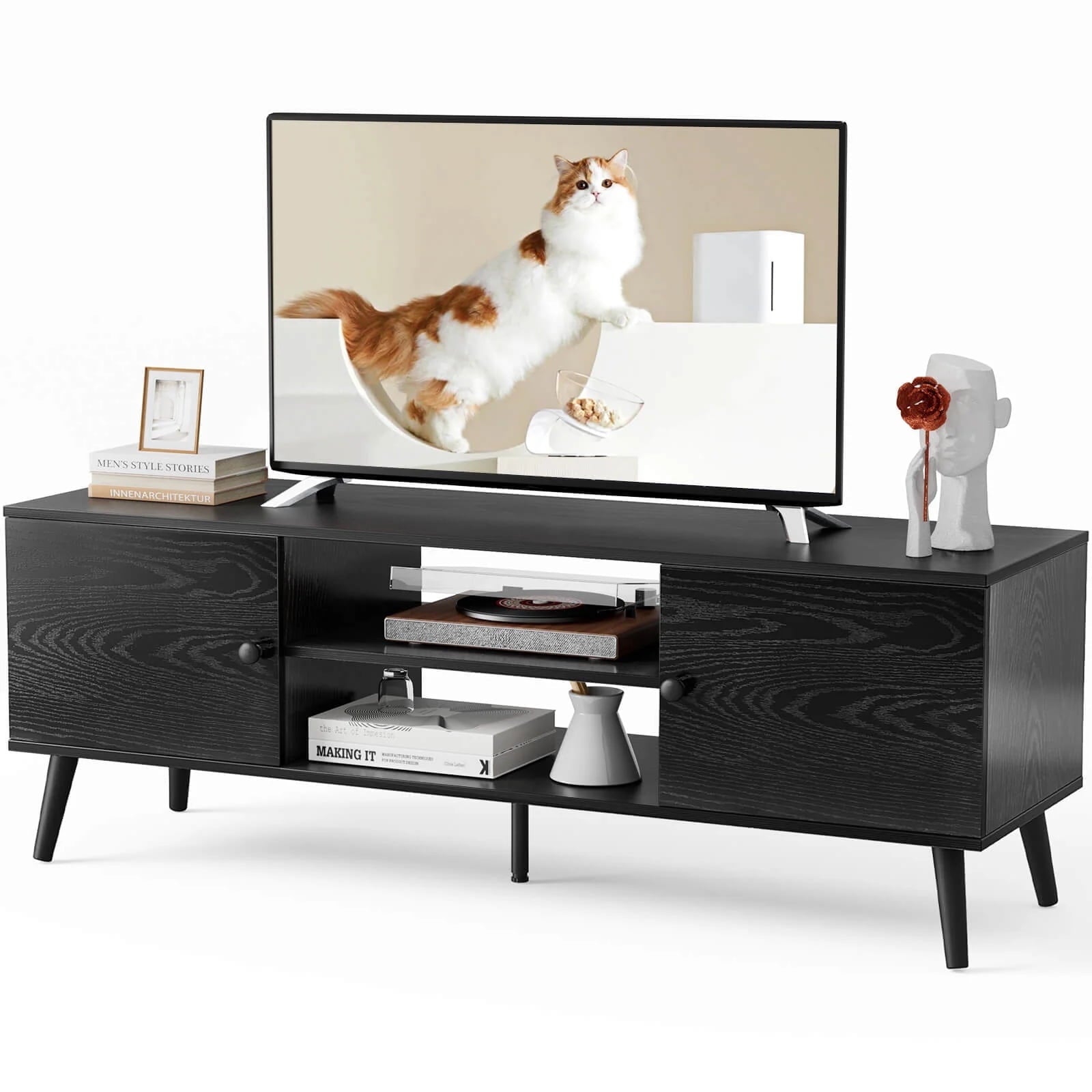Wooden TV Stand for 55 60 inch TV, Mid-Century Modern Media Console with 2 Soft Hinge Cabinets, 3-Level Adjustable Shelf & Cable Management