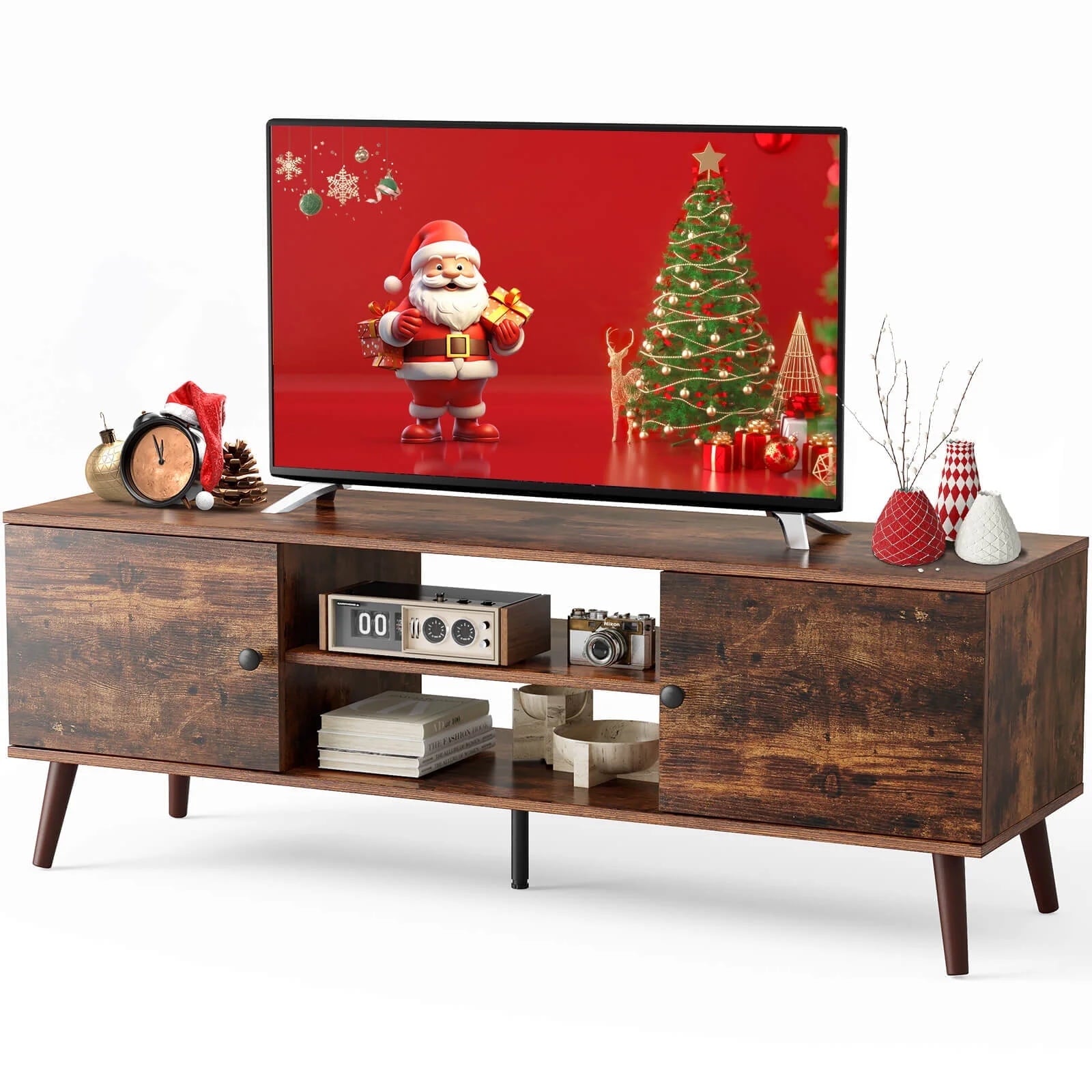 Wooden TV Stand for 55 60 inch TV, Mid-Century Modern Media Console with 2 Soft Hinge Cabinets, 3-Level Adjustable Shelf & Cable Management