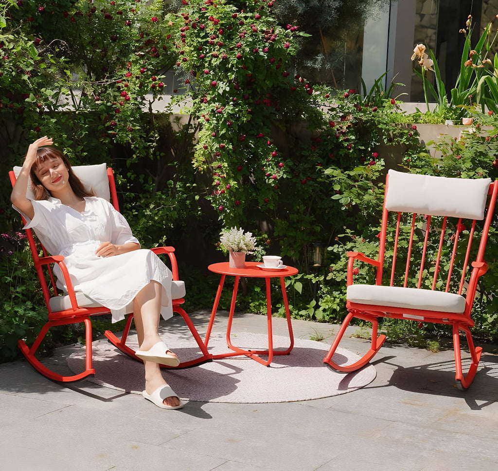 3-PieceOutdoor Rocking Chairs Set for 2 with Thick Cushions and 18-inch Small Round Table, Steel Patio Conversation Set for Backyard, Porch, Deck - Easy Assembly Red