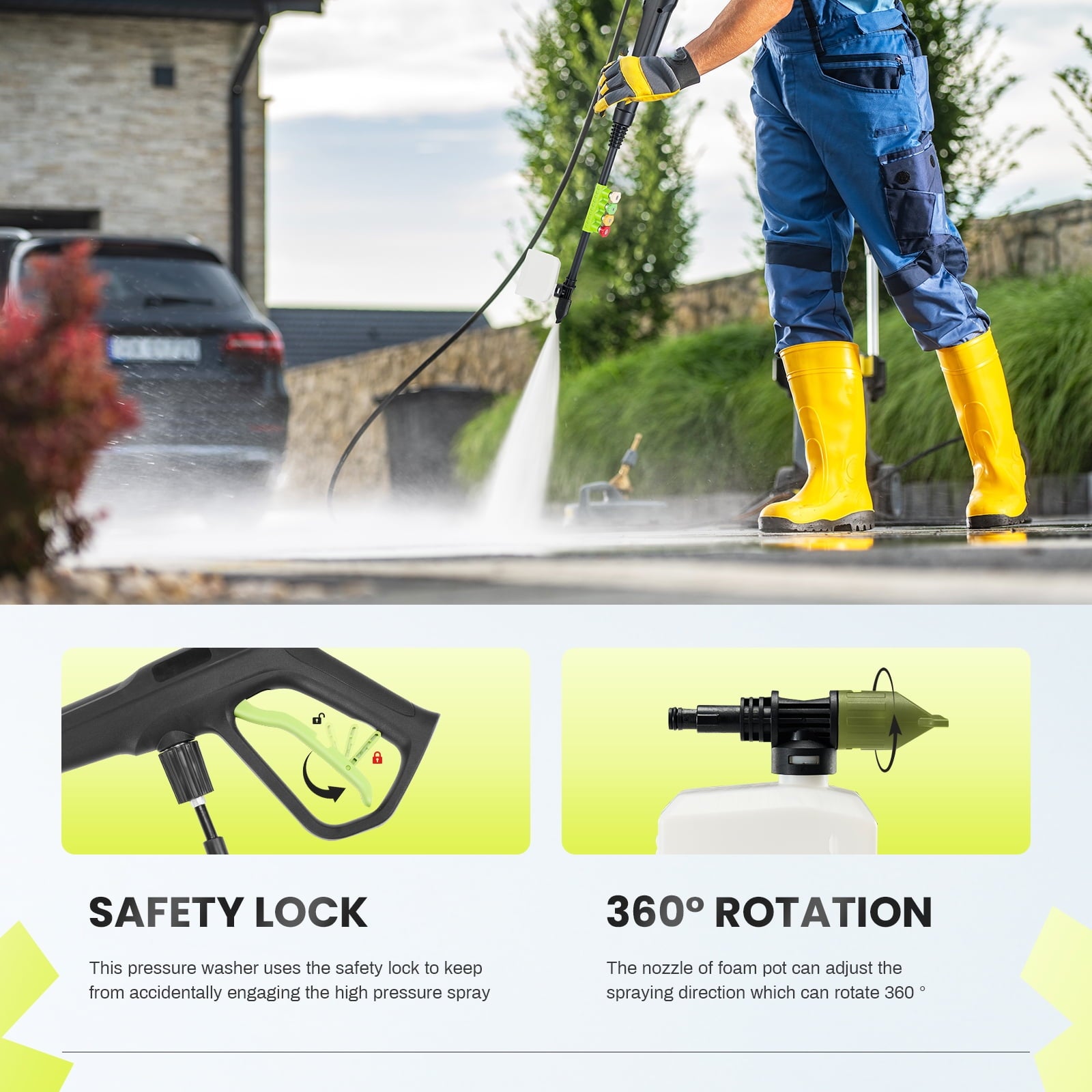 Electric Pressure Washer, 2100 Max PSI 2.0 Max GPM with Foam Cannon, 5 Quick Connect Nozzles, for Cars/Fences/Driveways/Home/Patios, Green