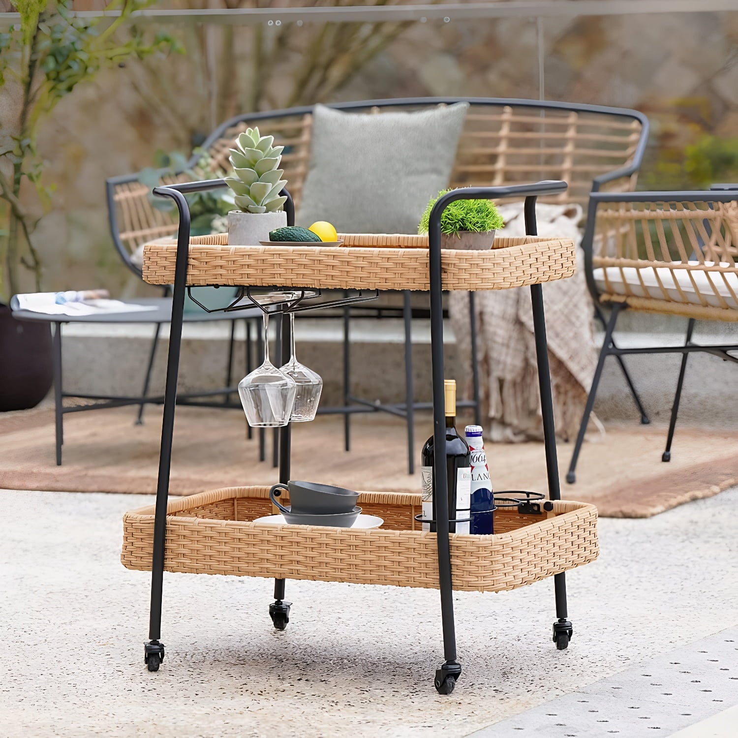 2-Tier Rolling Bar Cart with Wheels, Outdoor Indoor Rattan Beverage Serving Cart with Stemware Rack, Mobile Kitchen Utility Cart for Patio Garden Deck Party, Natural Color