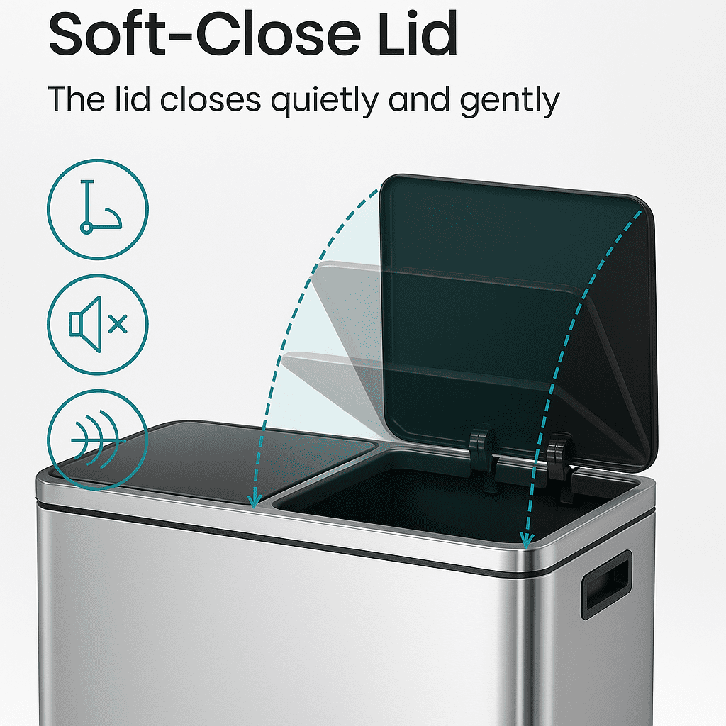 16 Gallon (30L x 2) Dual Compartment Step Trash Can, with Slow-Close Lids, Plastic Inner Buckets, Hands-Free, Easy to Clean, Stainless Steel for Kitchen, Bedroom, Living Room