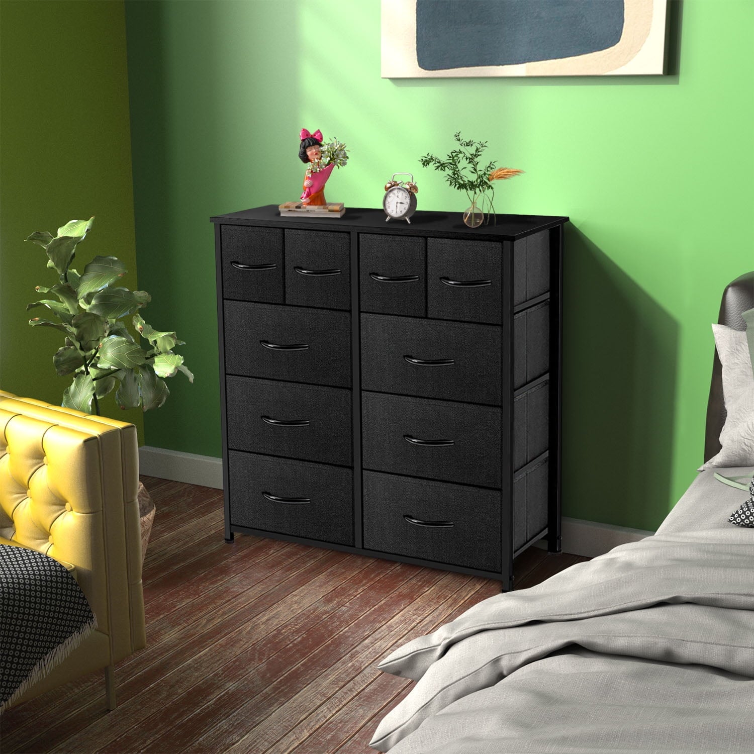 10 Drawers Dresser, Fabric Closet Chests Storage Organizer Tower with Wooden Top Metal Frame for Bedroom Living Room Hallway Entryway, Black
