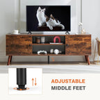 Wooden TV Stand for 55 60 inch TV, Mid-Century Modern Media Console with 2 Soft Hinge Cabinets, 3-Level Adjustable Shelf & Cable Management