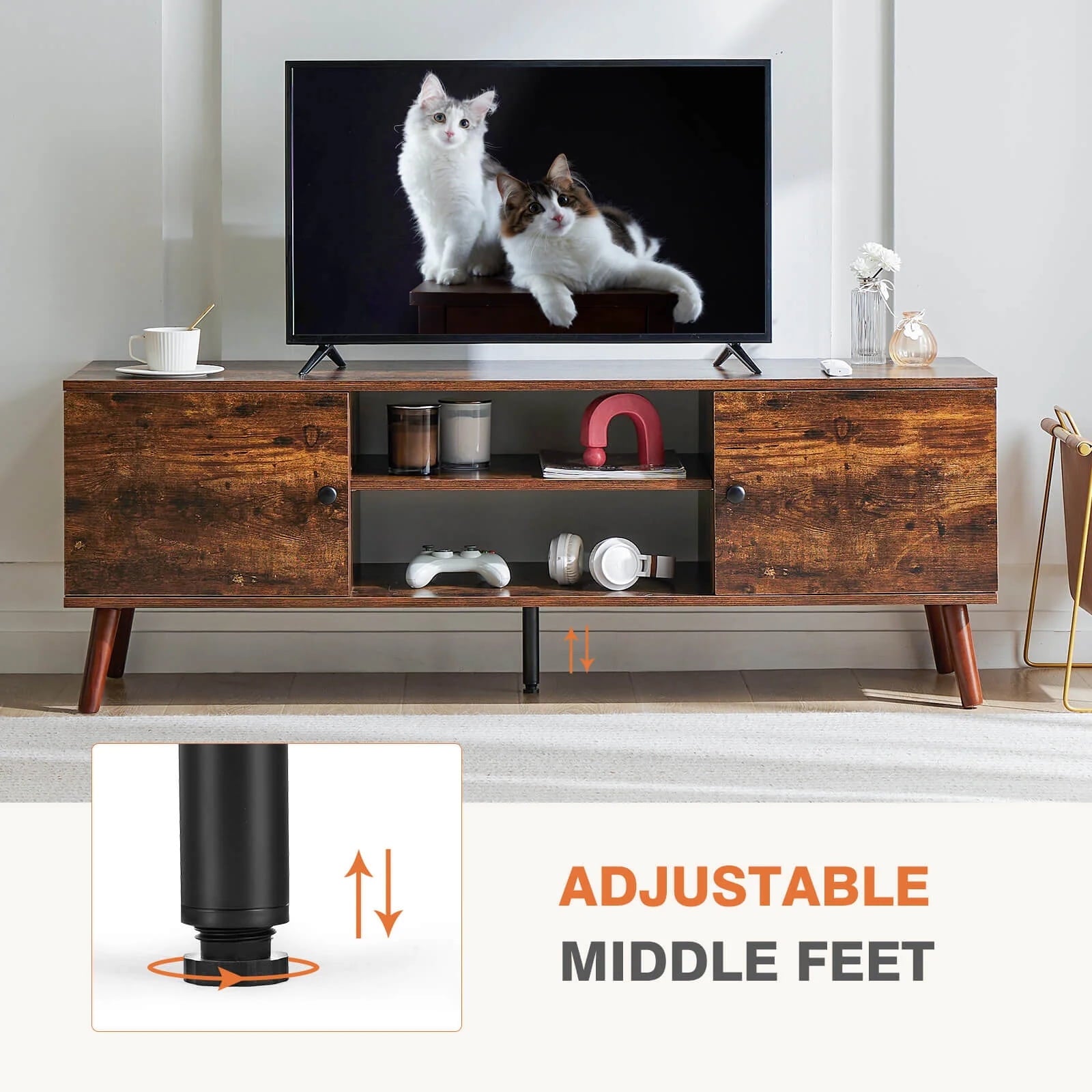 Wooden TV Stand for 55 60 inch TV, Mid-Century Modern Media Console with 2 Soft Hinge Cabinets, 3-Level Adjustable Shelf & Cable Management