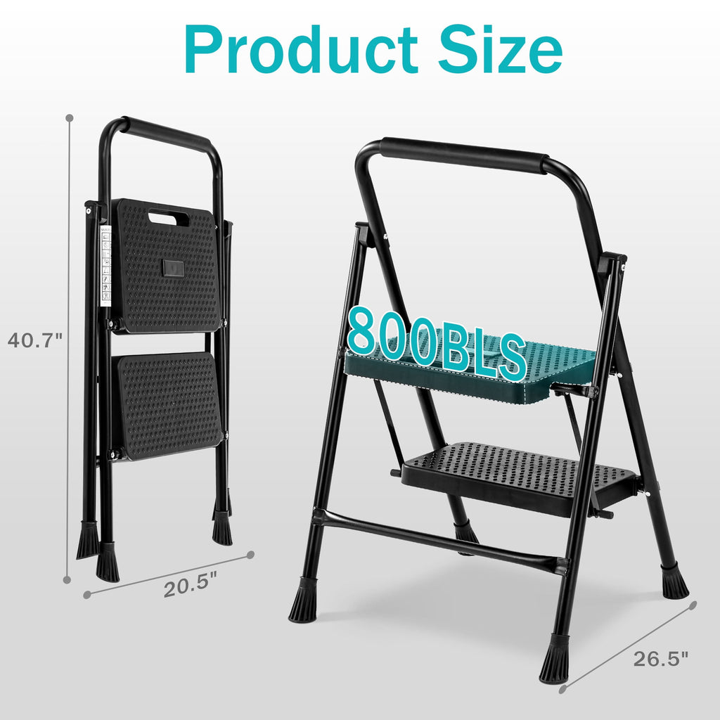 Heavy Duty 800lbs 2-Step Folding Ladder, Sturdy Steel Step Stool with Wide Anti-Slip Pedals, Lightweight Portable Ladder for Home, Kitchen, Garage
