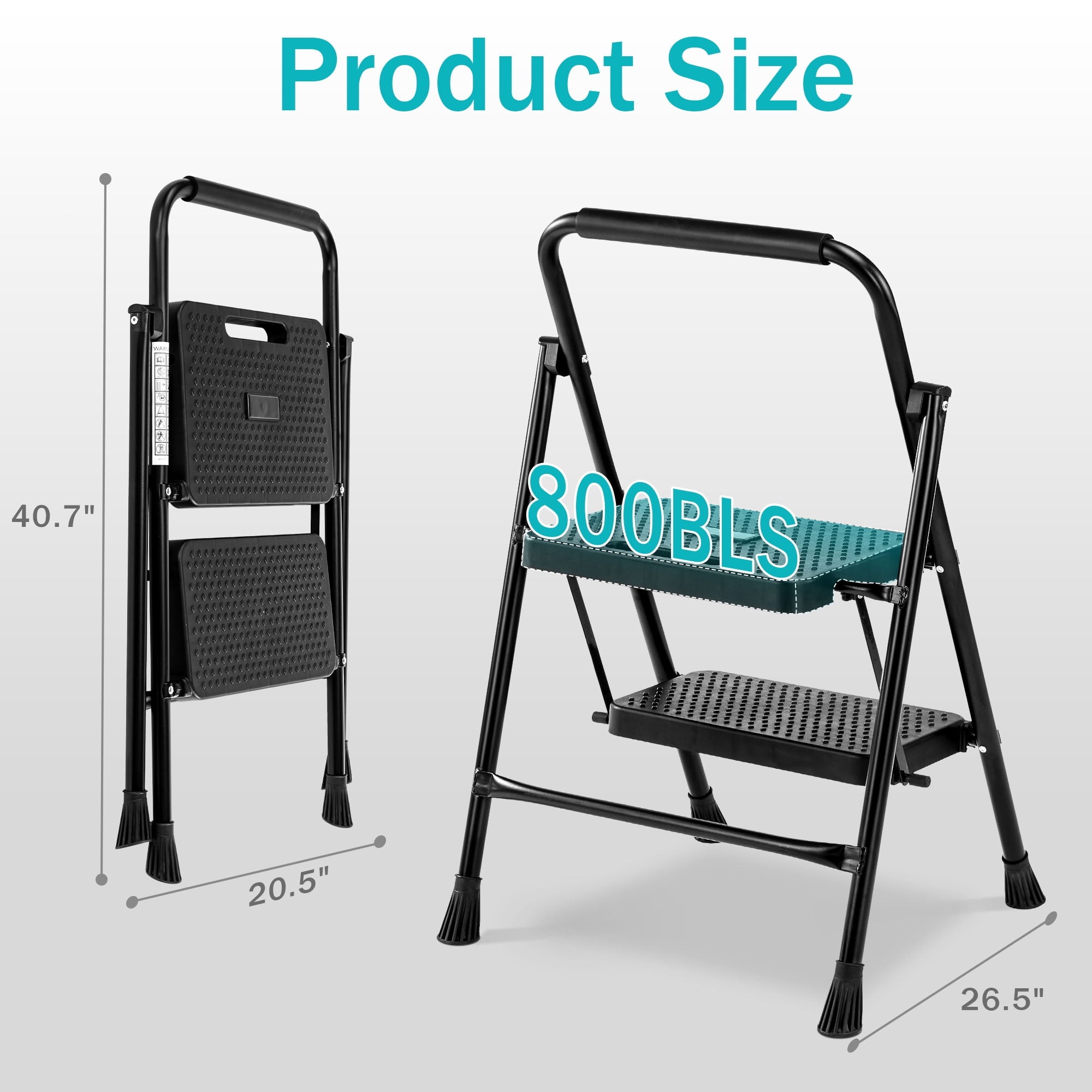 Heavy Duty 800lbs 2-Step Folding Ladder, Sturdy Steel Step Stool with Wide Anti-Slip Pedals, Lightweight Portable Ladder for Home, Kitchen, Garage
