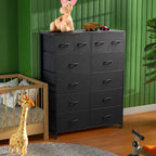 12 Drawers Dresser, Fabric Closet Chests Storage Organizer Tower with Wooden Top Metal Frame for Bedroom Living Room Hallway Entryway, Black