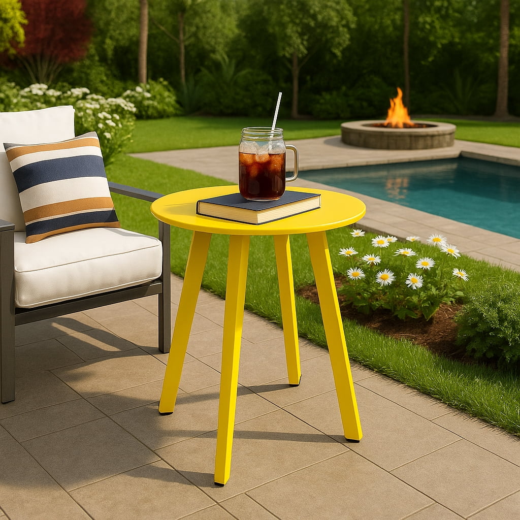 Small Side Table – Indoor & Outdoor Steel Powder Coated Round Patio Table with Square Legs for Patio, Living Room, Bedroom, Yellow