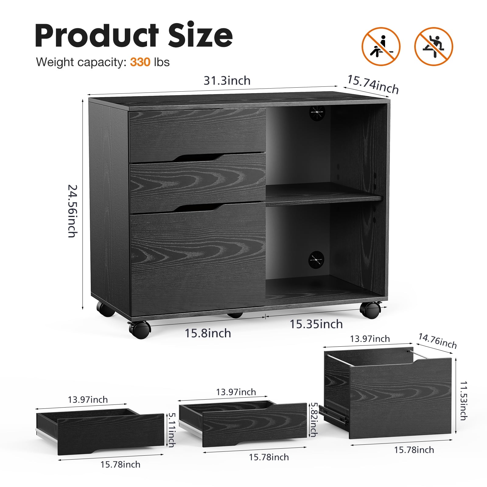 3-Drawer Lateral File Cabinet with Wheels, Mobile Rolling File Cabinet with Adjustable Shelf, Printer Stand for Home Office, Under Desk Storage Organizer, Wood Filing Cabinet Black