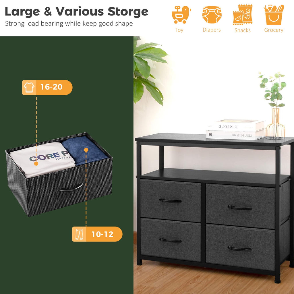 TV Stand Dresser with 4 Storage Drawers, Entertainment Center Dresser with Open Storage Shelf for Bedroom Living Room, Grey