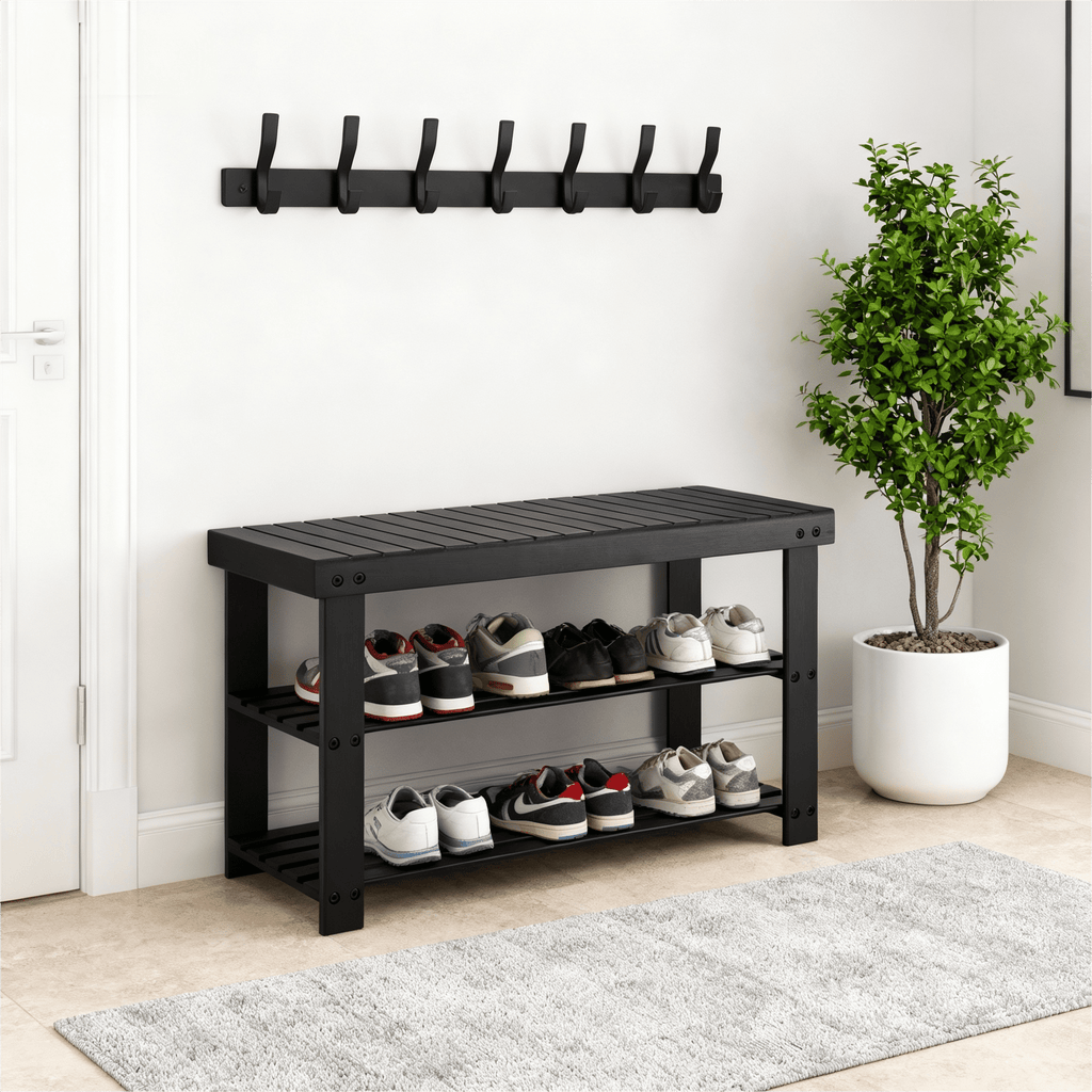 Shoe Rack Bench, 3-Tier Bamboo Shoe Storage Organizer, Entryway Bench, Holds Up to 300 lb, 27.6*11.2*17.9 Inches, for Entryway Bathroom Bedroom-Brown