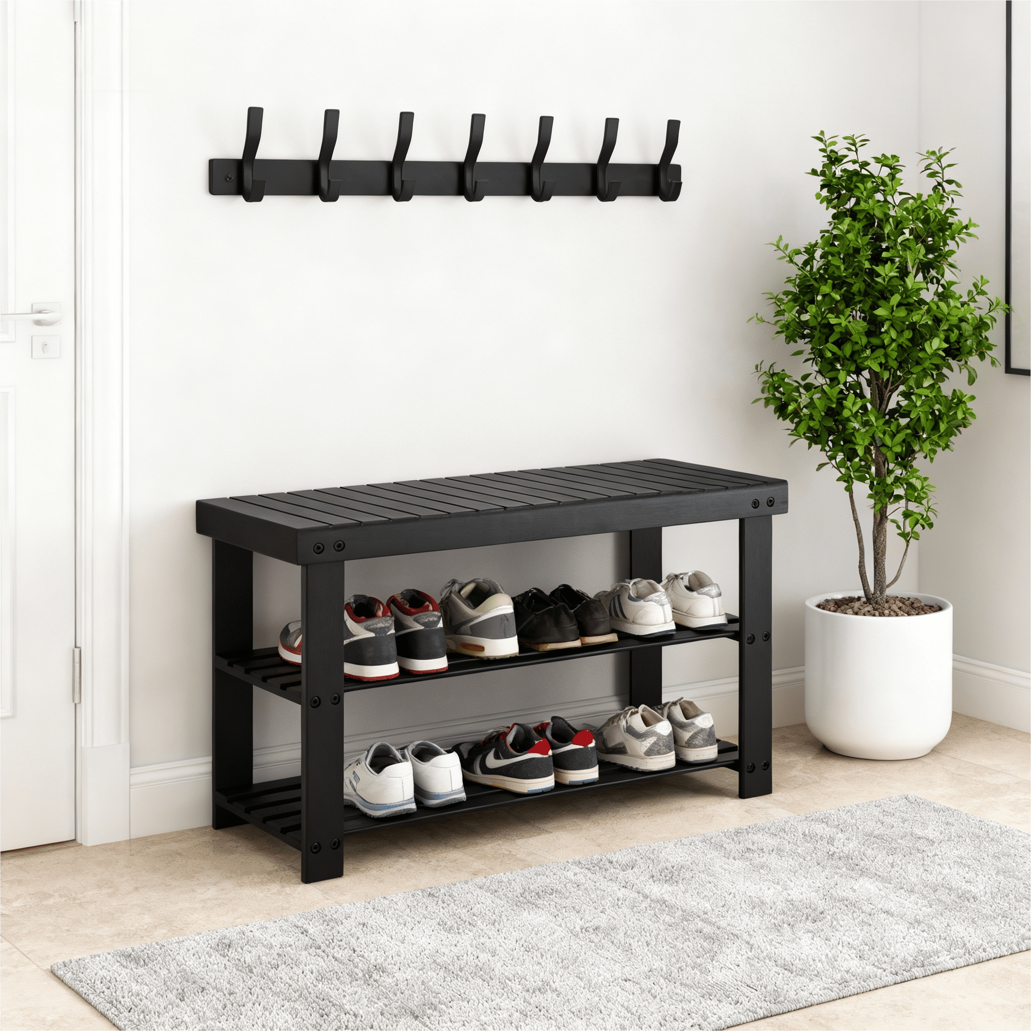 Shoe Rack Bench, 3-Tier Bamboo Shoe Storage Organizer, Entryway Bench, Holds Up to 300 lb, 27.6*11.2*17.9 Inches, for Entryway Bathroom Bedroom-Brown
