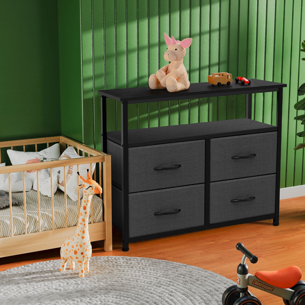 TV Stand Dresser with 4 Storage Drawers, Entertainment Center Dresser with Open Storage Shelf for Bedroom Living Room, Grey