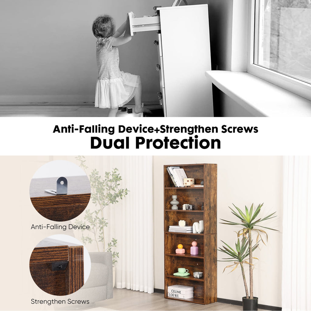 Bookshelf, 6-Tier Bookcase, Wooden Book Shelf, Open Storage Shelf, 9.4 x 23.6 x 52.8 Inches, for Living Room, Home Office, Dinning Room, Rustic Brown