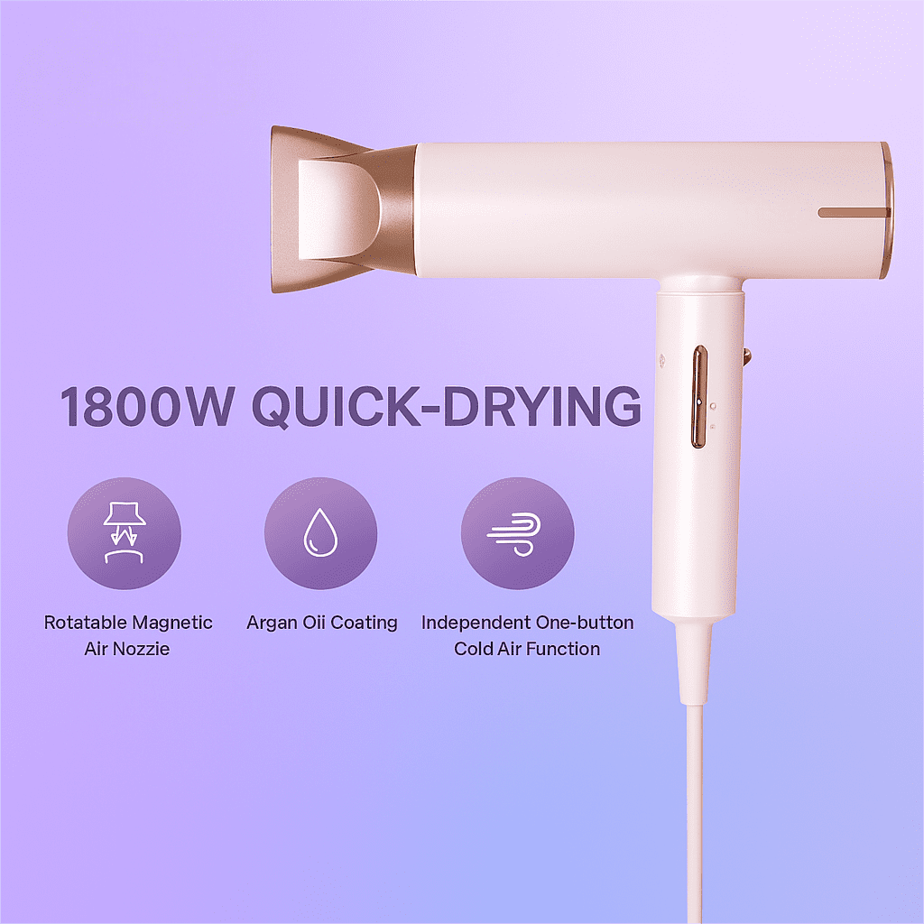 High Speed Hair Dryer with 200 Million Negative Ions, Magnetic Nozzle, Cold Air & Argan Oil Coating, Lightweight Professional Blow Dryer for Fast Drying, Frizz Control, Home Salon Use