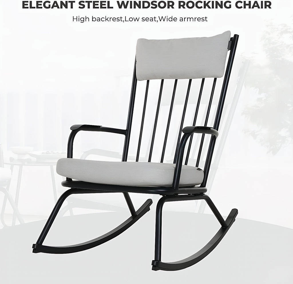 3-PieceOutdoor Rocking Chairs Set for 2 with Thick Cushions and 18-inch Small Round Table, Steel Patio Conversation Set for Backyard, Porch, Deck - Easy Assembly (Black)