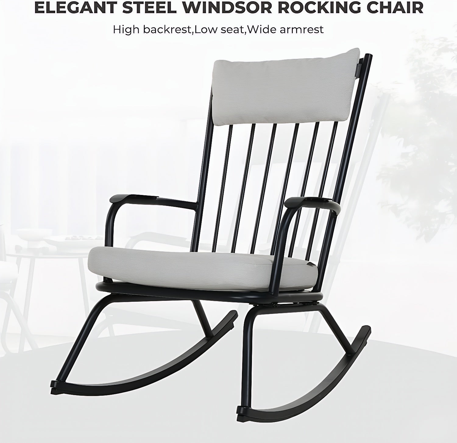 3-PieceOutdoor Rocking Chairs Set for 2 with Thick Cushions and 18-inch Small Round Table, Steel Patio Conversation Set for Backyard, Porch, Deck - Easy Assembly (Black)