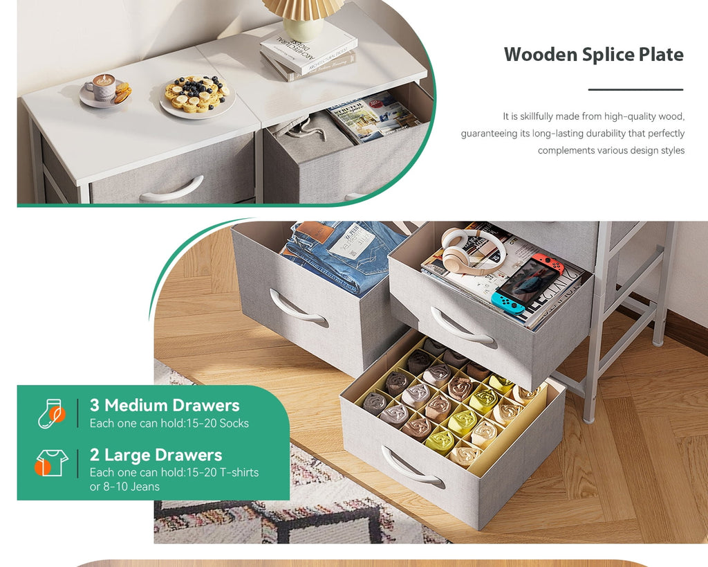 5 Drawer Fabric Dresser for Bedroom and Living Room, Chest of Drawer Organizer Storage Cabinet for Closet, Entryway, Grey