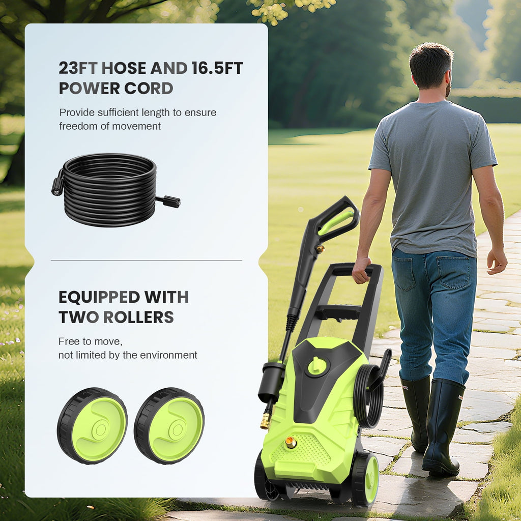 Electric Pressure Washer, 2100 Max PSI 2.0 Max GPM with Foam Cannon, 5 Quick Connect Nozzles, for Cars/Fences/Driveways/Home/Patios, Green