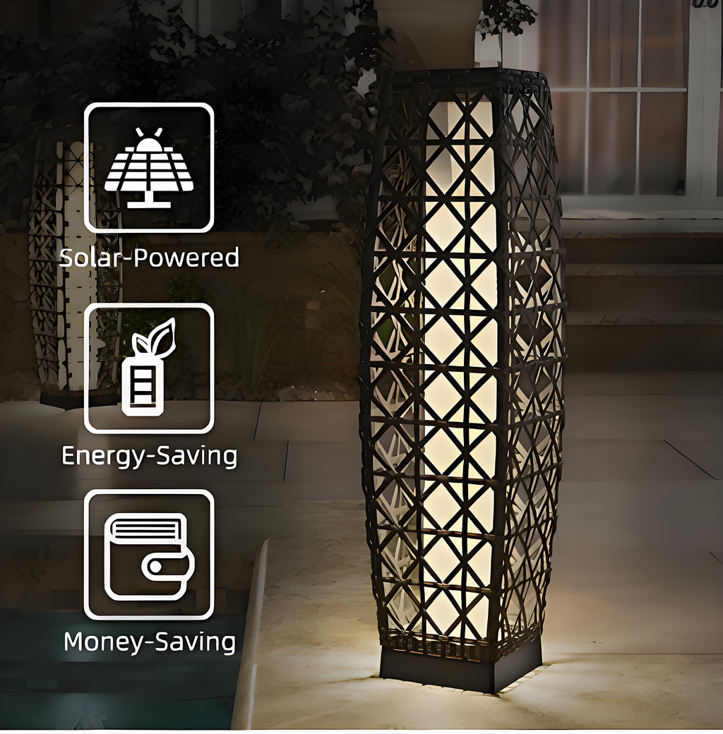 Solar Powered Outdoor Floor Lamp Woven Resin Wicker Waterproof Automatic (Large)