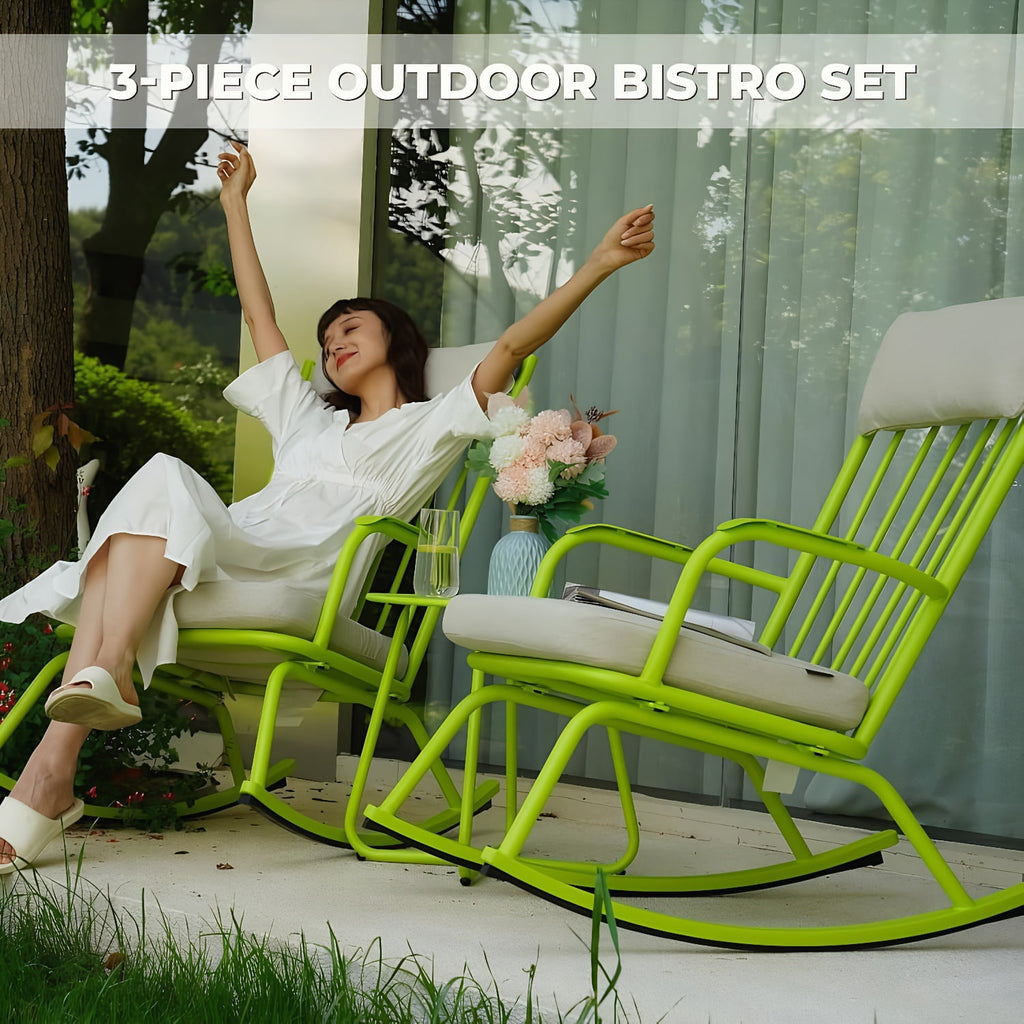 3-PieceOutdoor Rocking Chairs Set for 2 with Thick Cushions and 18-inch Small Round Table, Steel Patio Conversation Set for Backyard, Porch, Deck - Easy Assembly Lime Green
